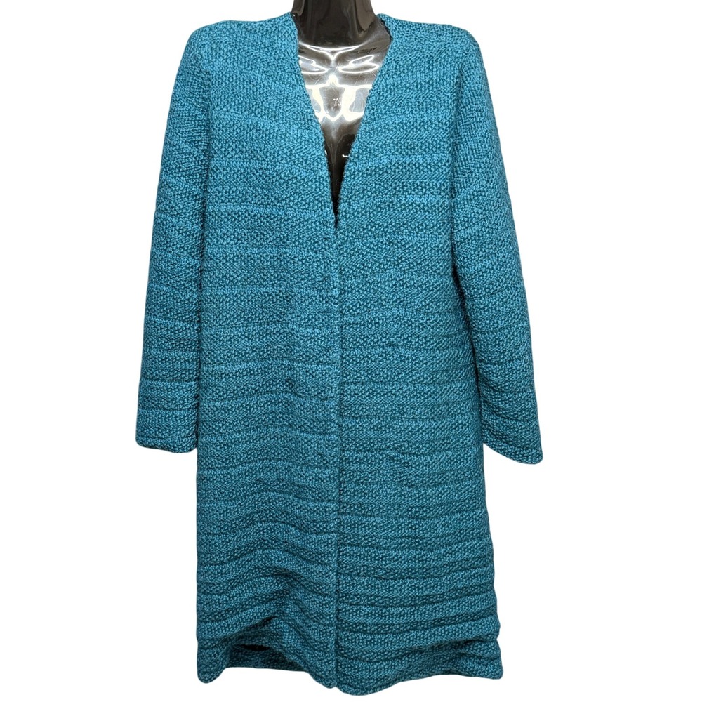 Vintage Long Knit Cardigan Coat Women M Teal Blue Open Front Purple Satin Lining
